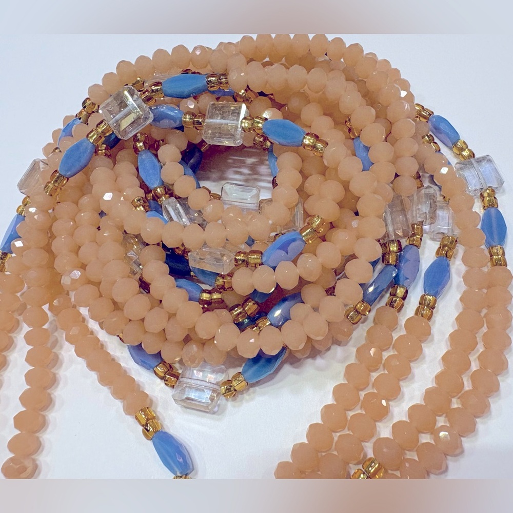 NWT “PEACHEEZZZ” Crystalline Beads w/Clear, Blue & Gold accents up to 50 length - Picture 12 of 16